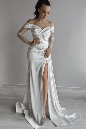 Off-the-shoulder Goddess Wedding Dress with Beaded Sheer Sleeves