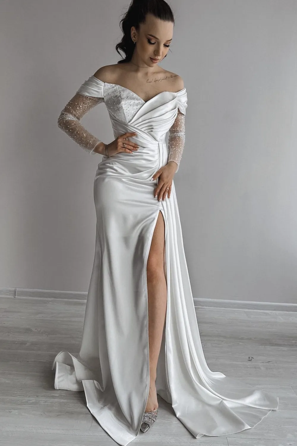 Off-the-shoulder Goddess Wedding Dress with Beaded Sheer Sleeves