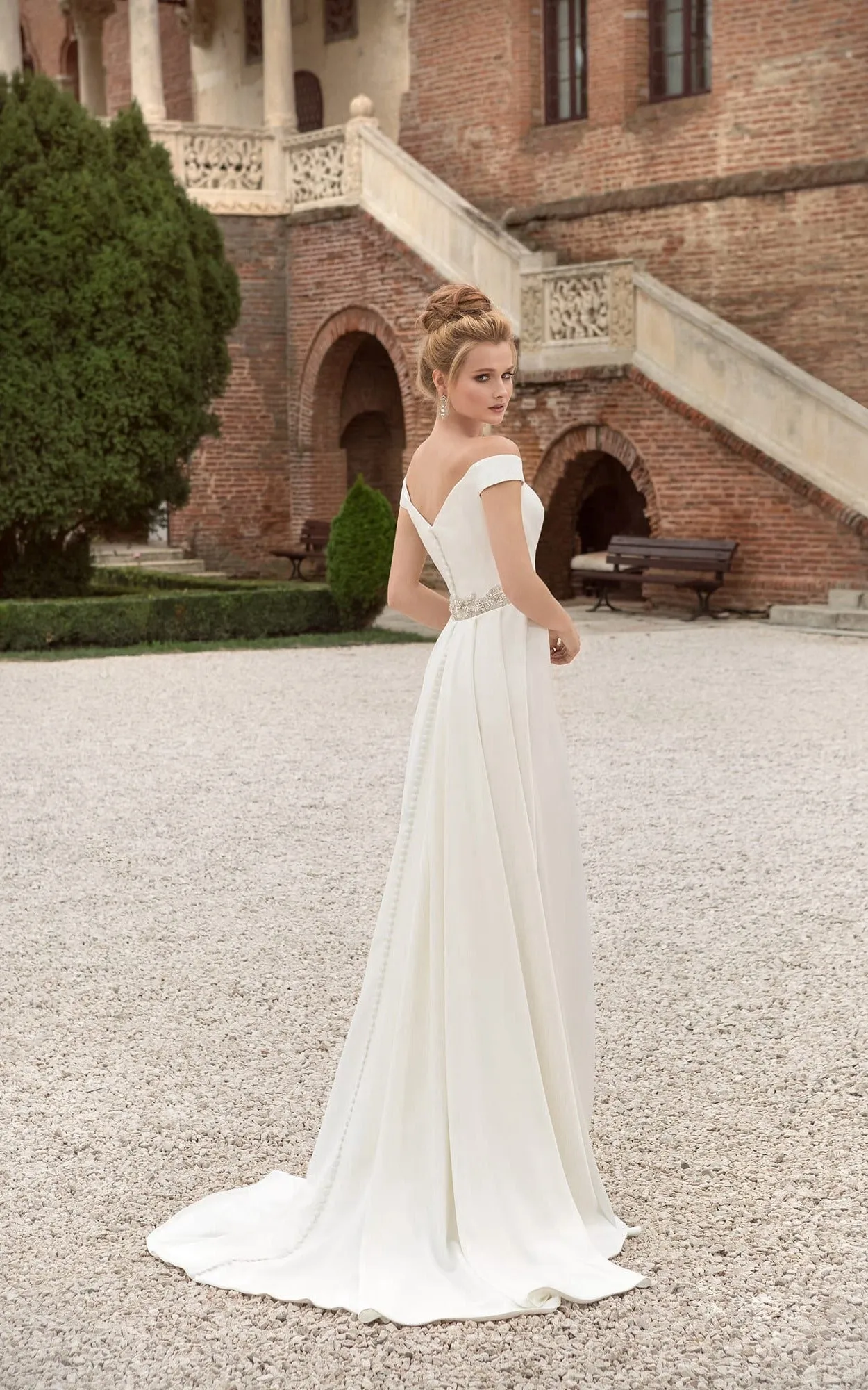 Off-the-shoulder V-neck Crystal Decorated Sheath Dress-714086