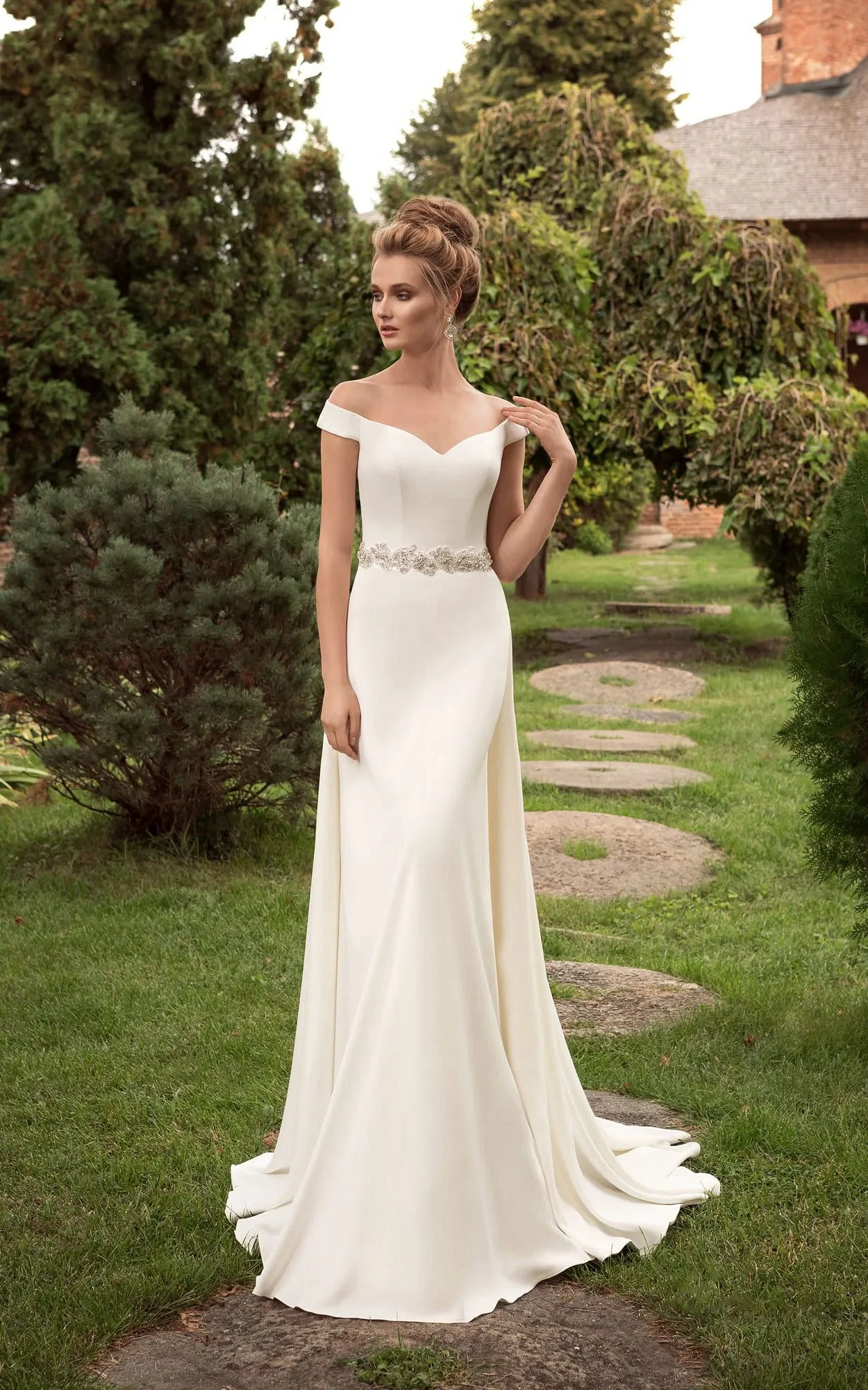 Off-the-shoulder V-neck Crystal Decorated Sheath Dress-714086