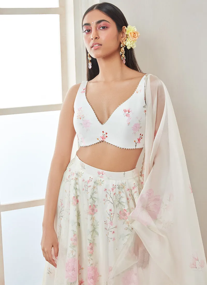 Off White and Pink Floral Printed Lehenga