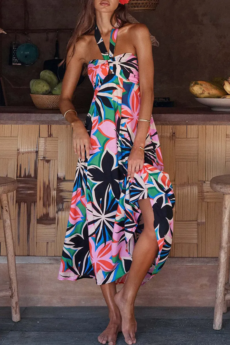 Olive - bohemian halter dress with floral print