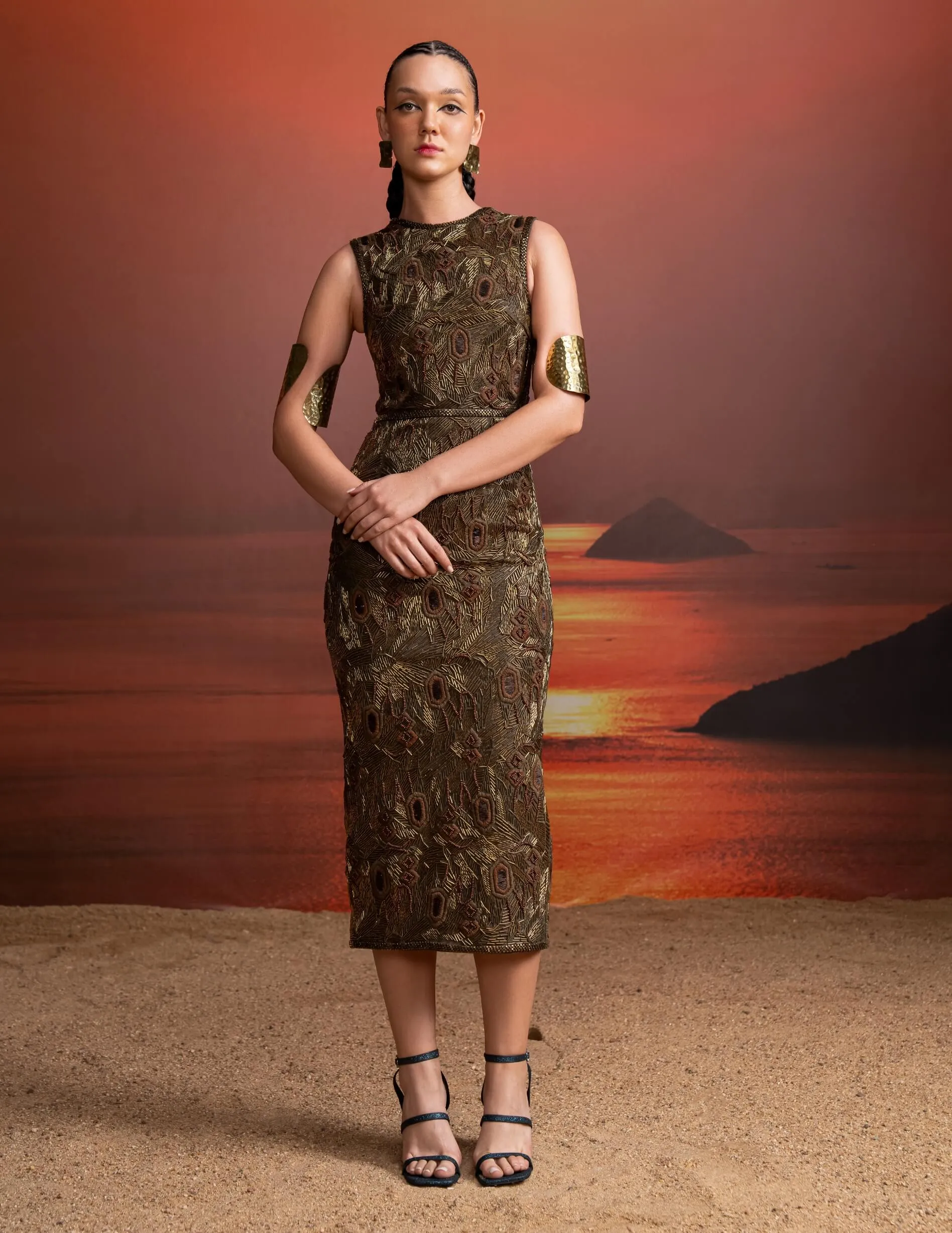 Olive heavy baroque embellished sheath dress