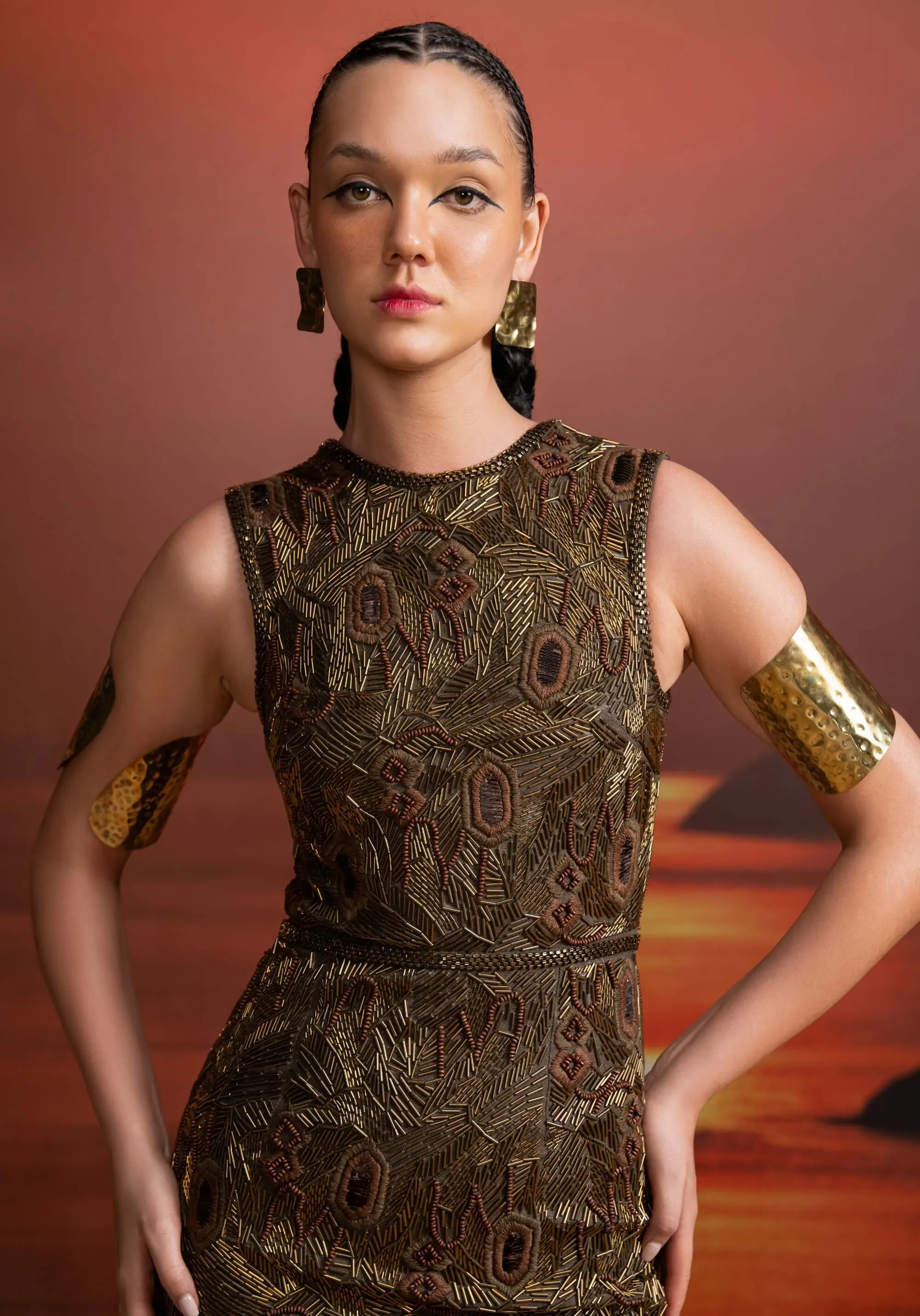 Olive heavy baroque embellished sheath dress