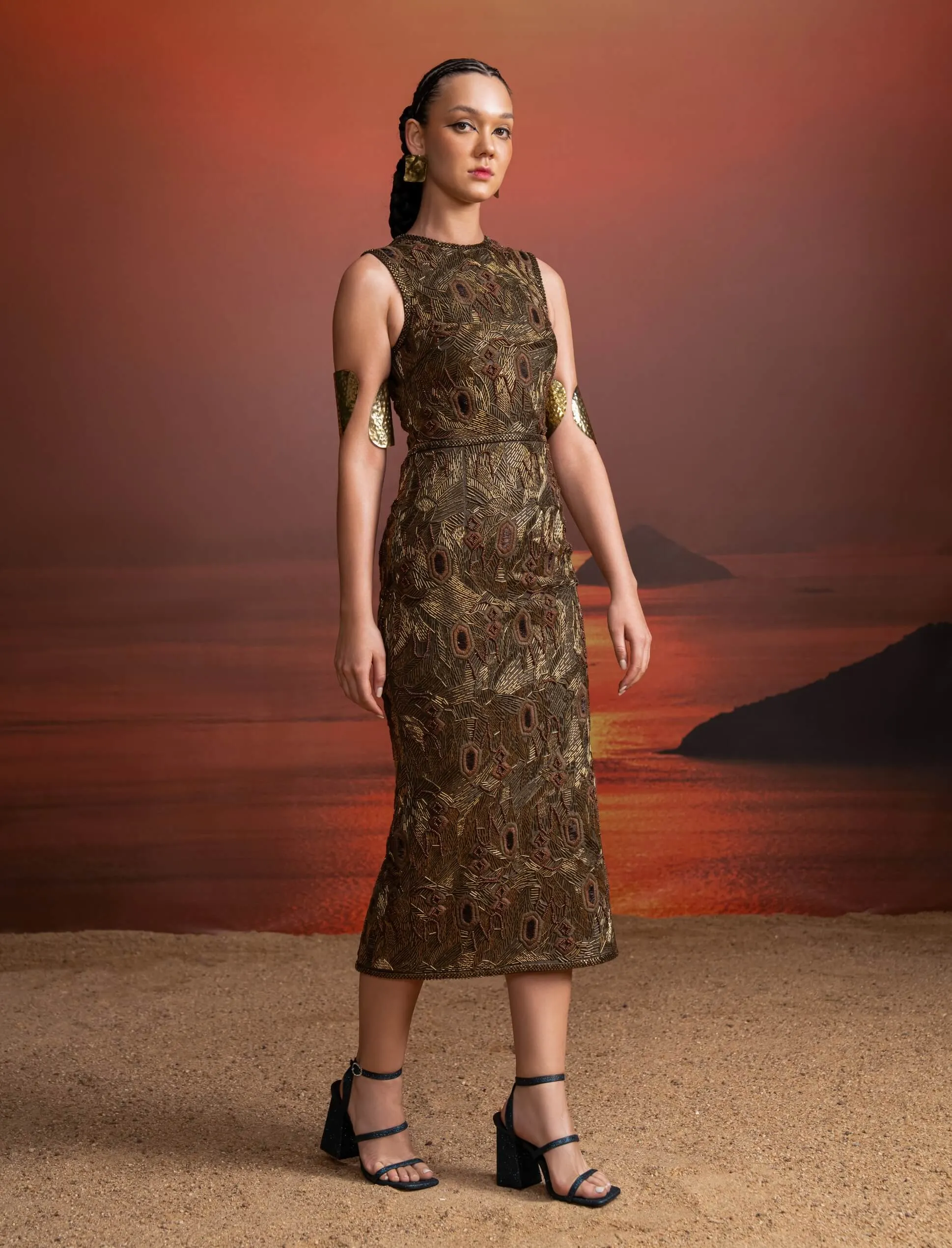 Olive heavy baroque embellished sheath dress