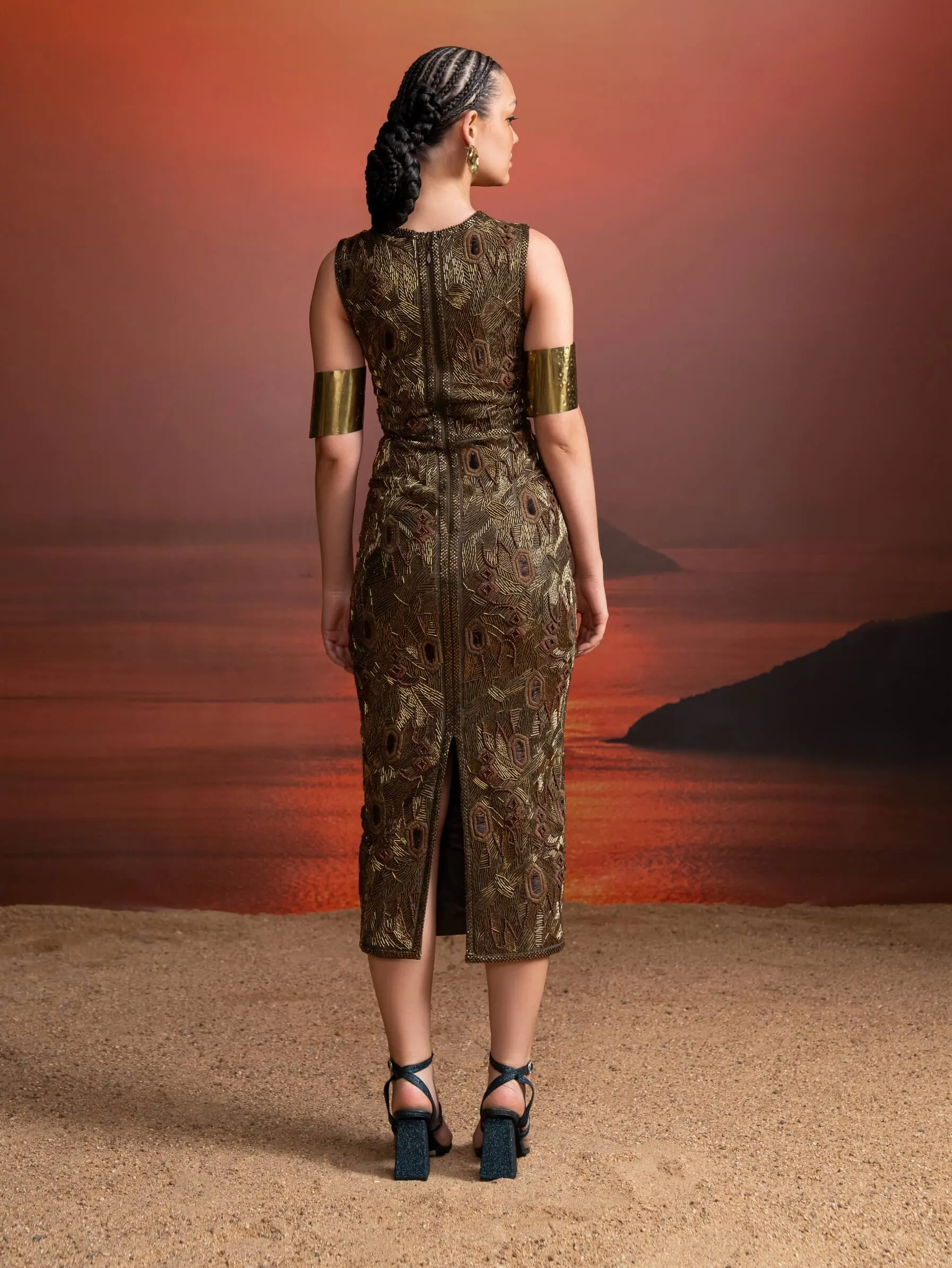 Olive heavy baroque embellished sheath dress