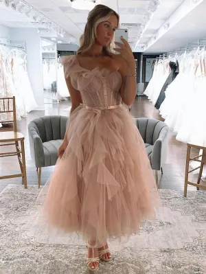 One Shoulder Tulle A-line Long Prom Dresses