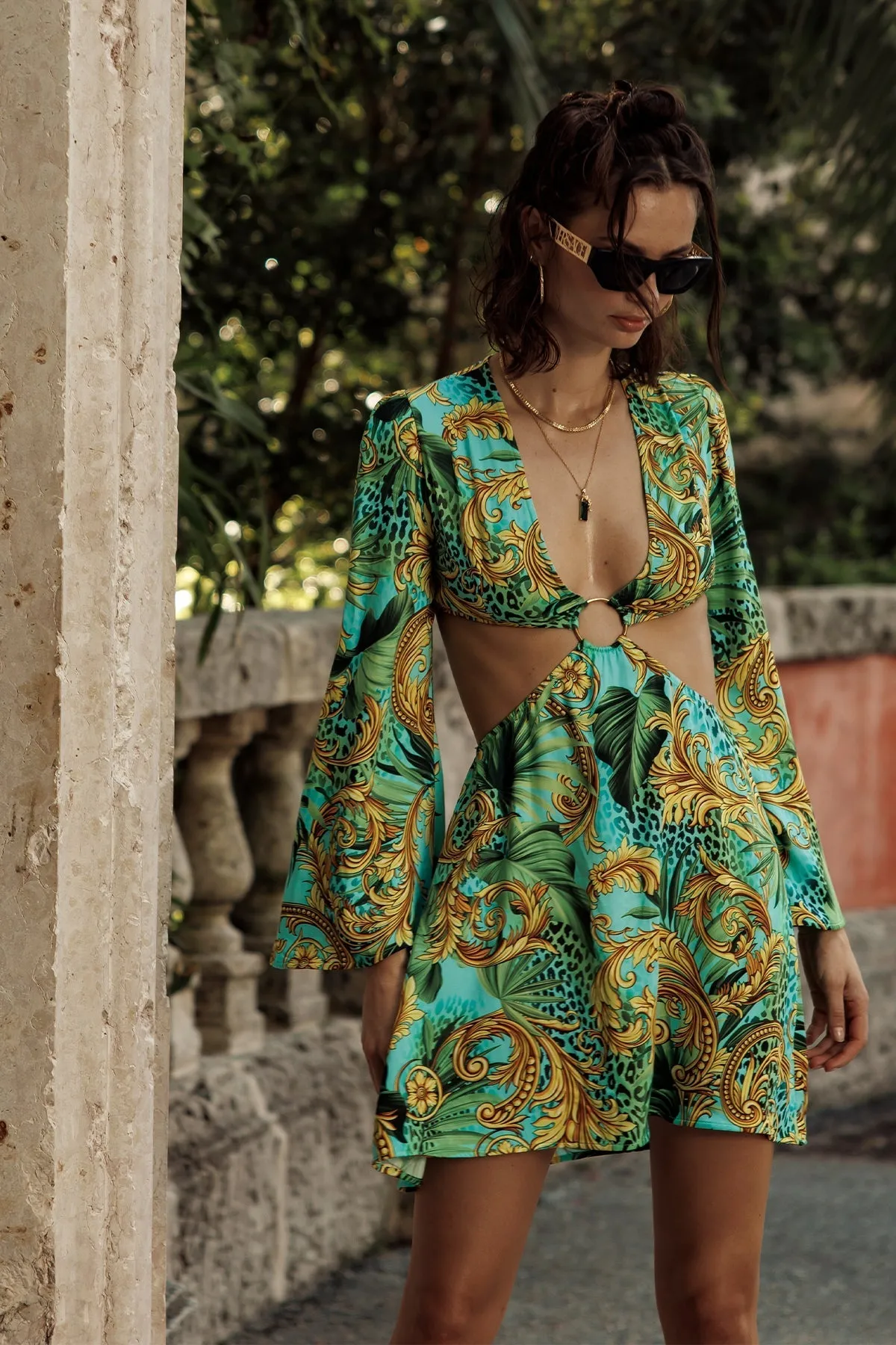 PALM ISLAND - Deep V Ring Cut Out Short Dress
