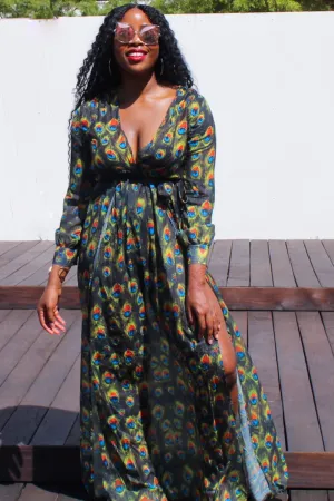 Peacock Print Long Sleeve Dress