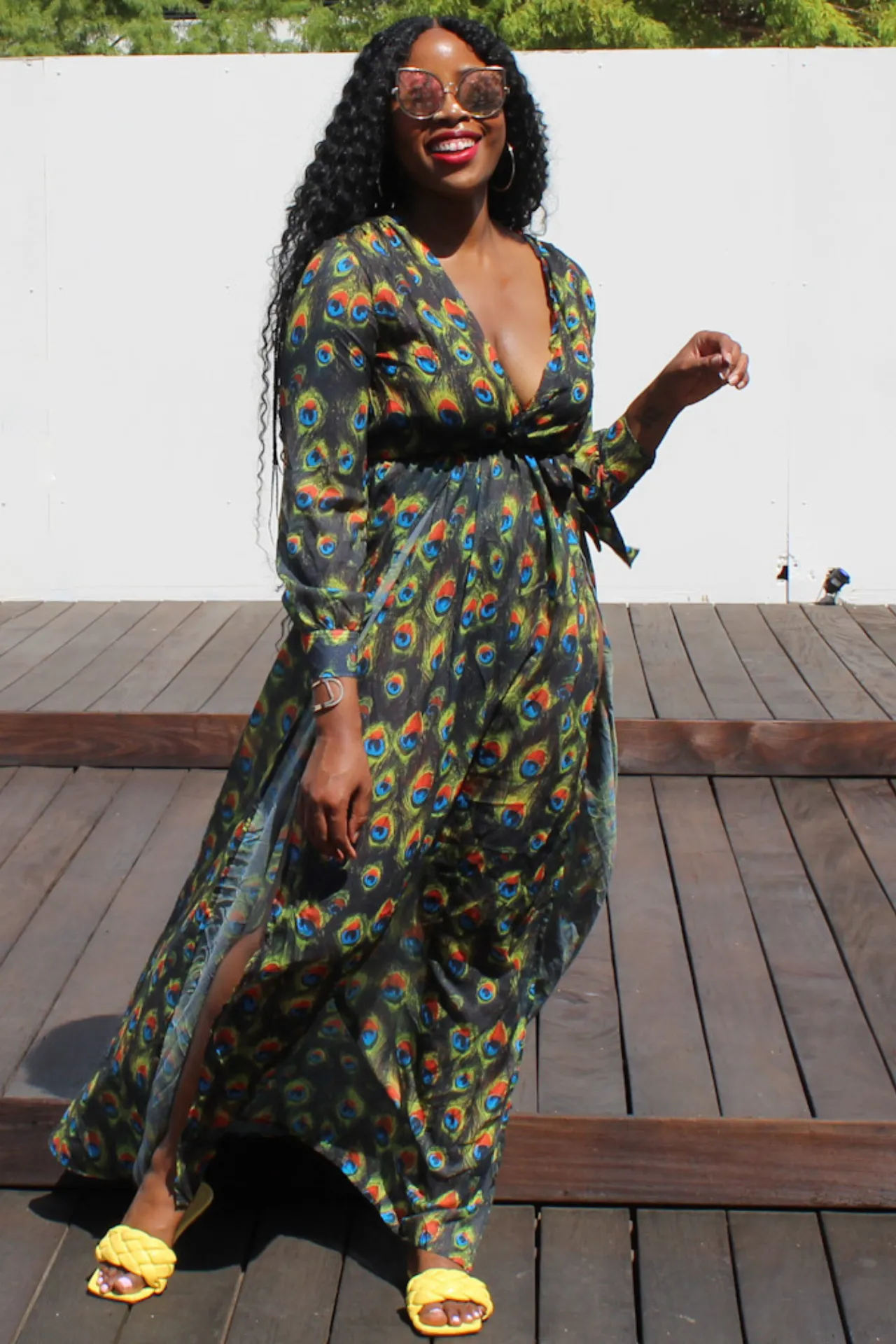 Peacock Print Long Sleeve Dress