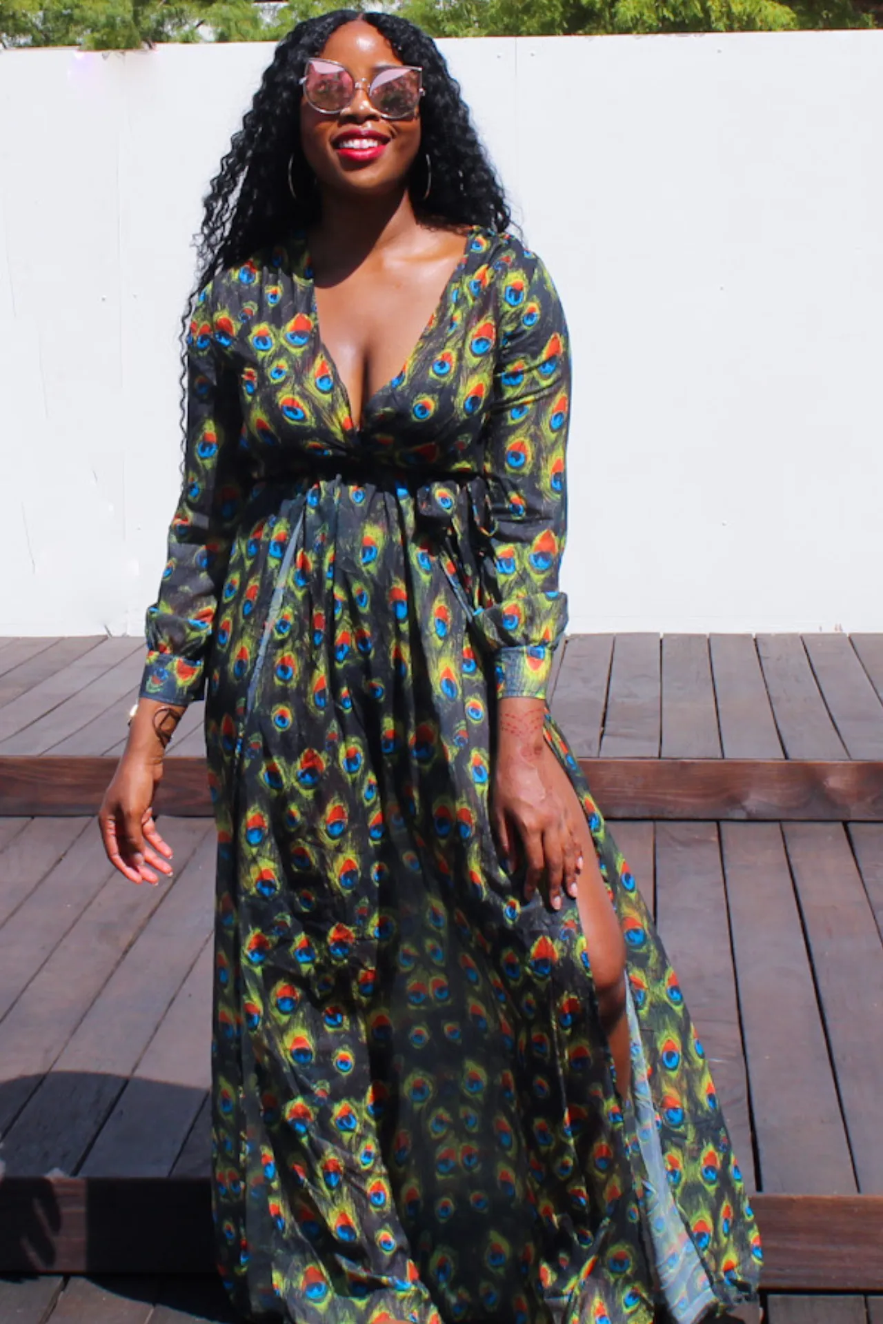 Peacock Print Long Sleeve Dress