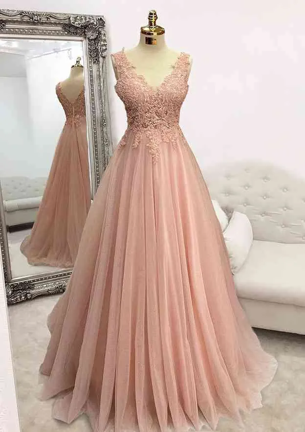 Pearl Pink Prom Dresses, A-line V Neck Sleeveless Long/Floor-Length Tulle Glitter Prom Dresses With Appliqued Beading
