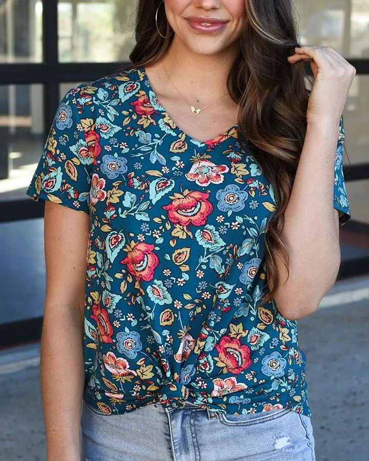 Perfect v-neck tee in teal floral (Heavy Gauge)