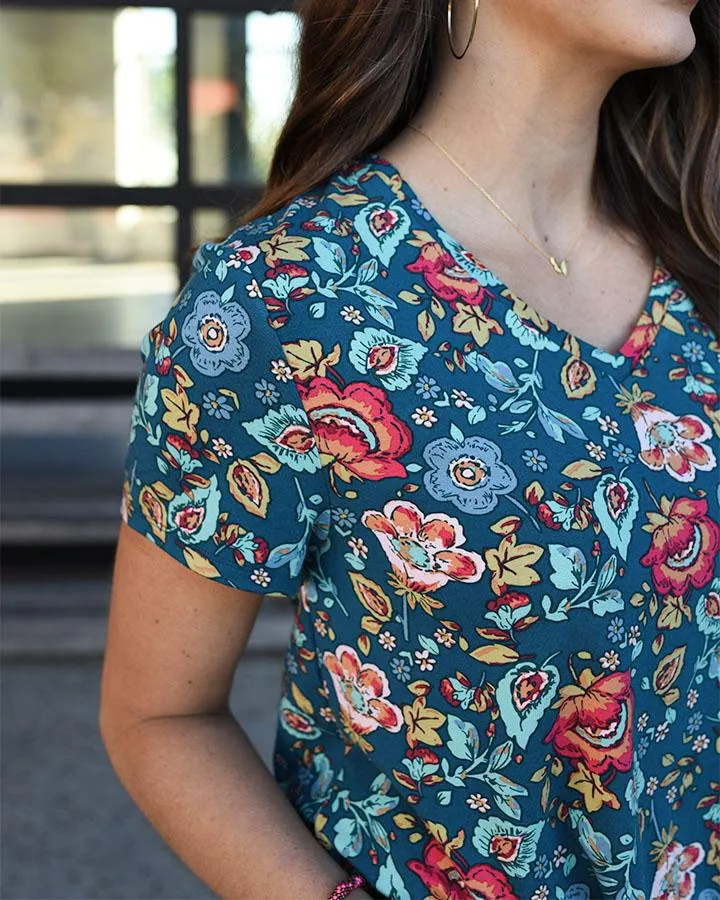 Perfect v-neck tee in teal floral (Heavy Gauge)