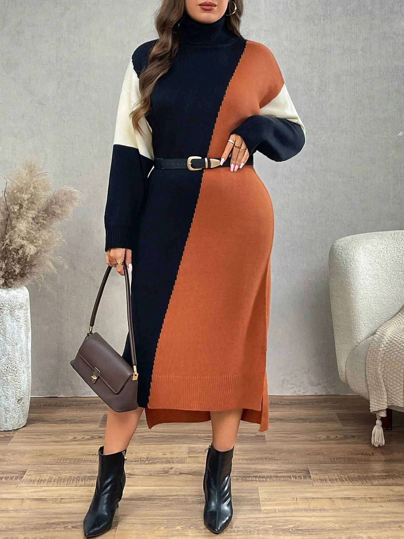 Persa Plus Size High Neck Color Block Long Sleeve Fitted Maxi Sweater Dress