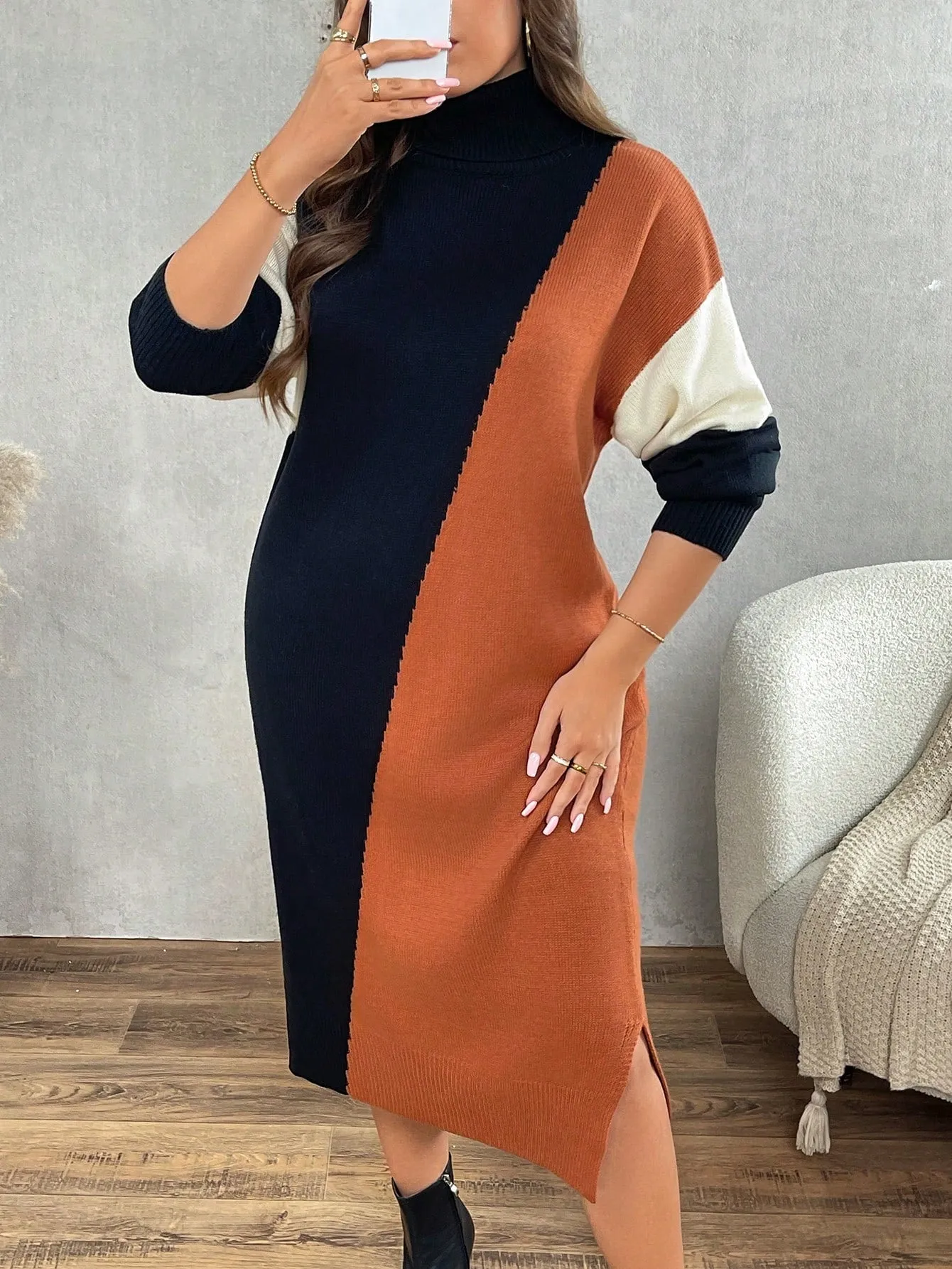 Persa Plus Size High Neck Color Block Long Sleeve Fitted Maxi Sweater Dress