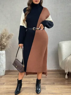 Persa Plus Size High Neck Color Block Long Sleeve Fitted Maxi Sweater Dress