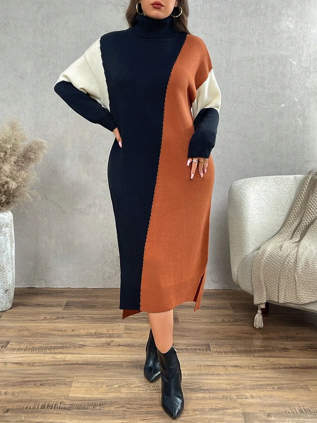 Persa Plus Size High Neck Color Block Long Sleeve Fitted Maxi Sweater Dress