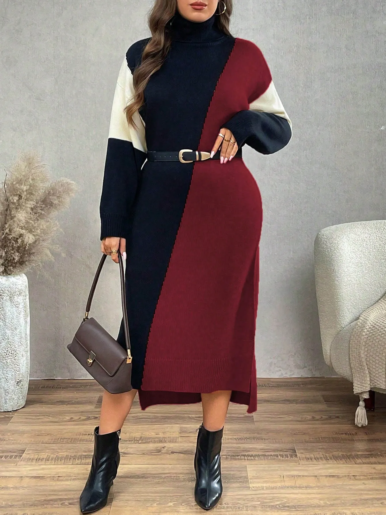 Persa Plus Size High Neck Color Block Long Sleeve Fitted Maxi Sweater Dress