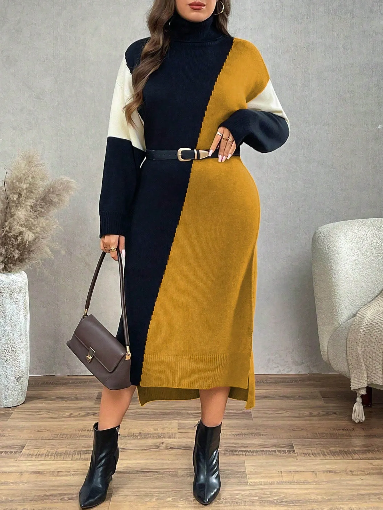 Persa Plus Size High Neck Color Block Long Sleeve Fitted Maxi Sweater Dress