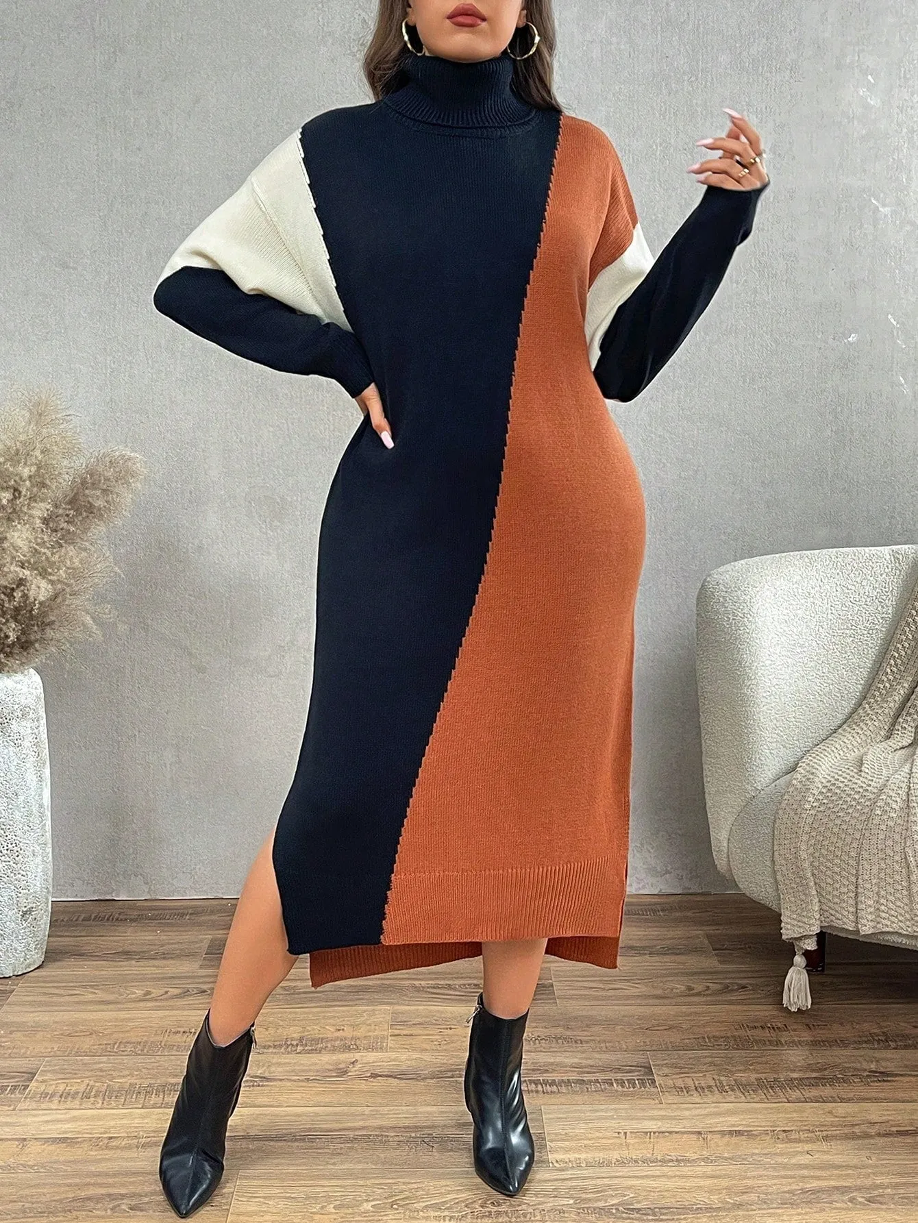 Persa Plus Size High Neck Color Block Long Sleeve Fitted Maxi Sweater Dress