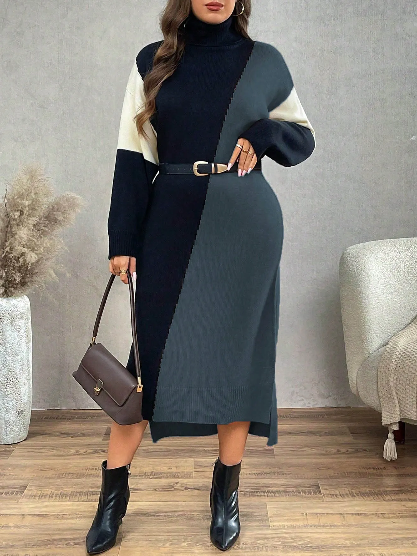 Persa Plus Size High Neck Color Block Long Sleeve Fitted Maxi Sweater Dress