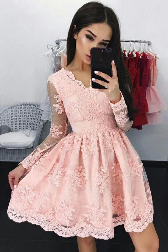 Pink Lace Long Sleeves Homecoming Party Dresses with V-Neckline