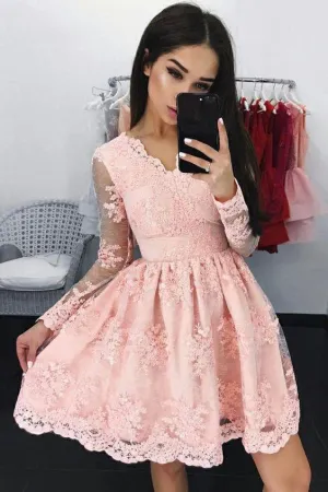 Pink Lace Long Sleeves Homecoming Party Dresses with V-Neckline