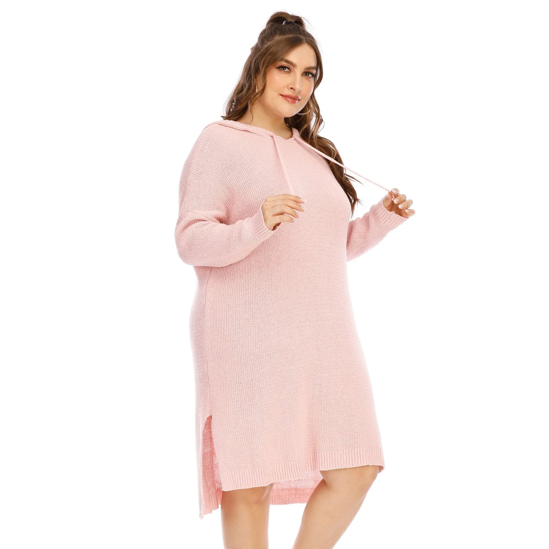 Pink  Long Sleeves Plus Sizes Sweater Dress