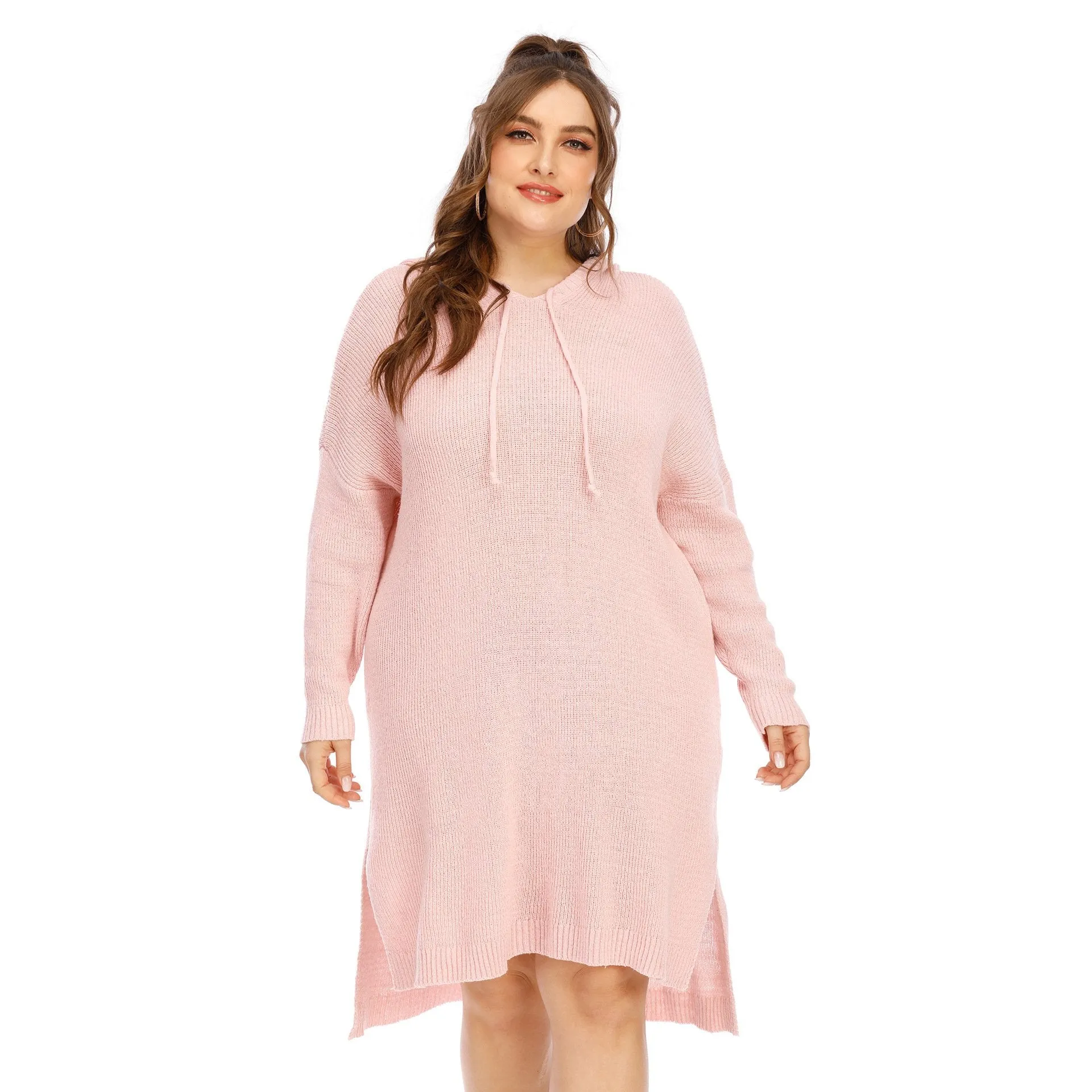 Pink  Long Sleeves Plus Sizes Sweater Dress