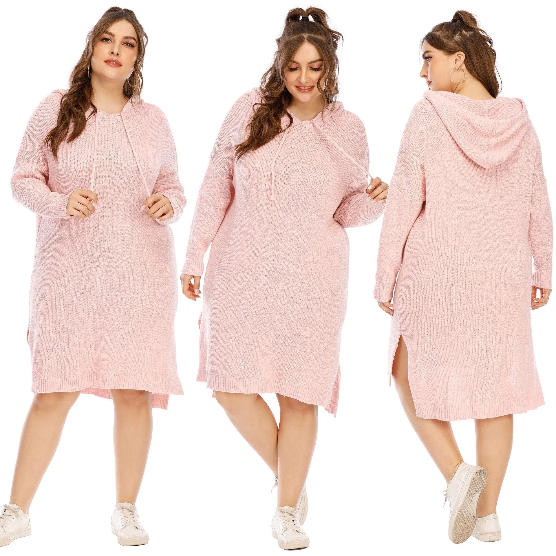 Pink  Long Sleeves Plus Sizes Sweater Dress