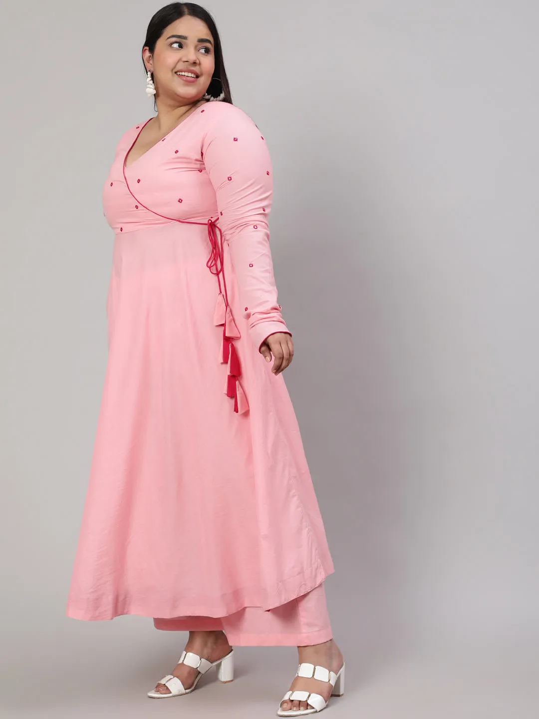 Pink Plus Size Mirror Embroidered Anarkali Kurta With Flared Pink Palazzo