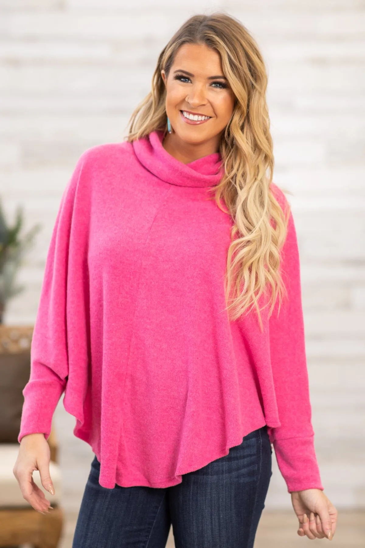 Pink Round Hem Turtleneck Dolman Sleeve