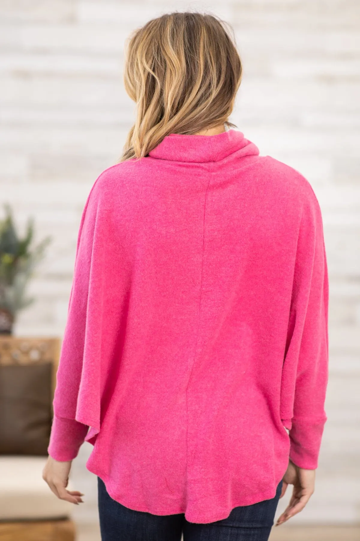 Pink Round Hem Turtleneck Dolman Sleeve