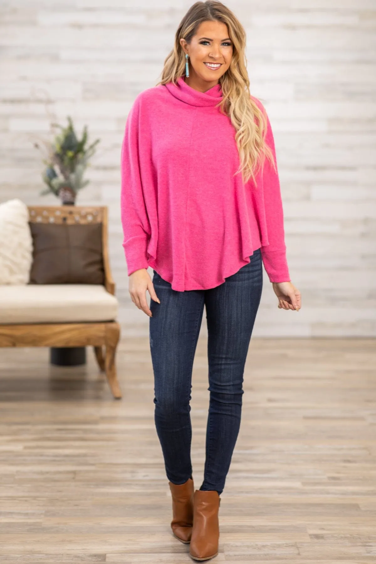 Pink Round Hem Turtleneck Dolman Sleeve