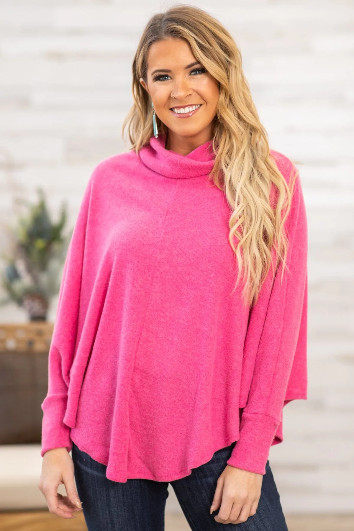 Pink Round Hem Turtleneck Dolman Sleeve