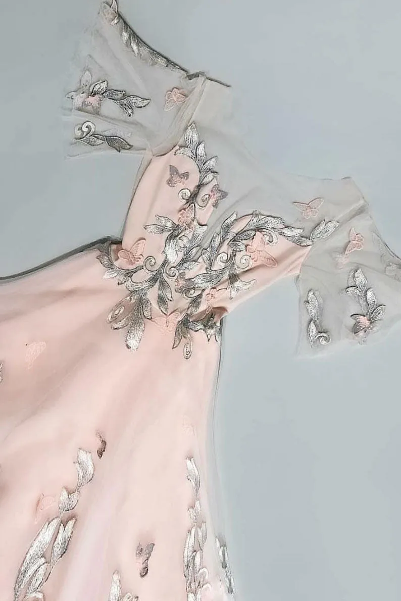 Pink round neck tulle lace long prom dress, pink tulle evening dress
