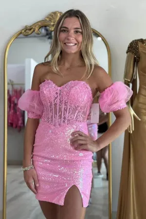 Pink Sequins Sheath Strapless Lace Appliques Homecoming Dresses, MH642