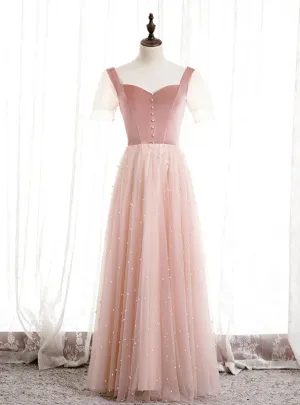 Pink Tulle Velvet Short Sleeve Square Pearls Prom Dresses