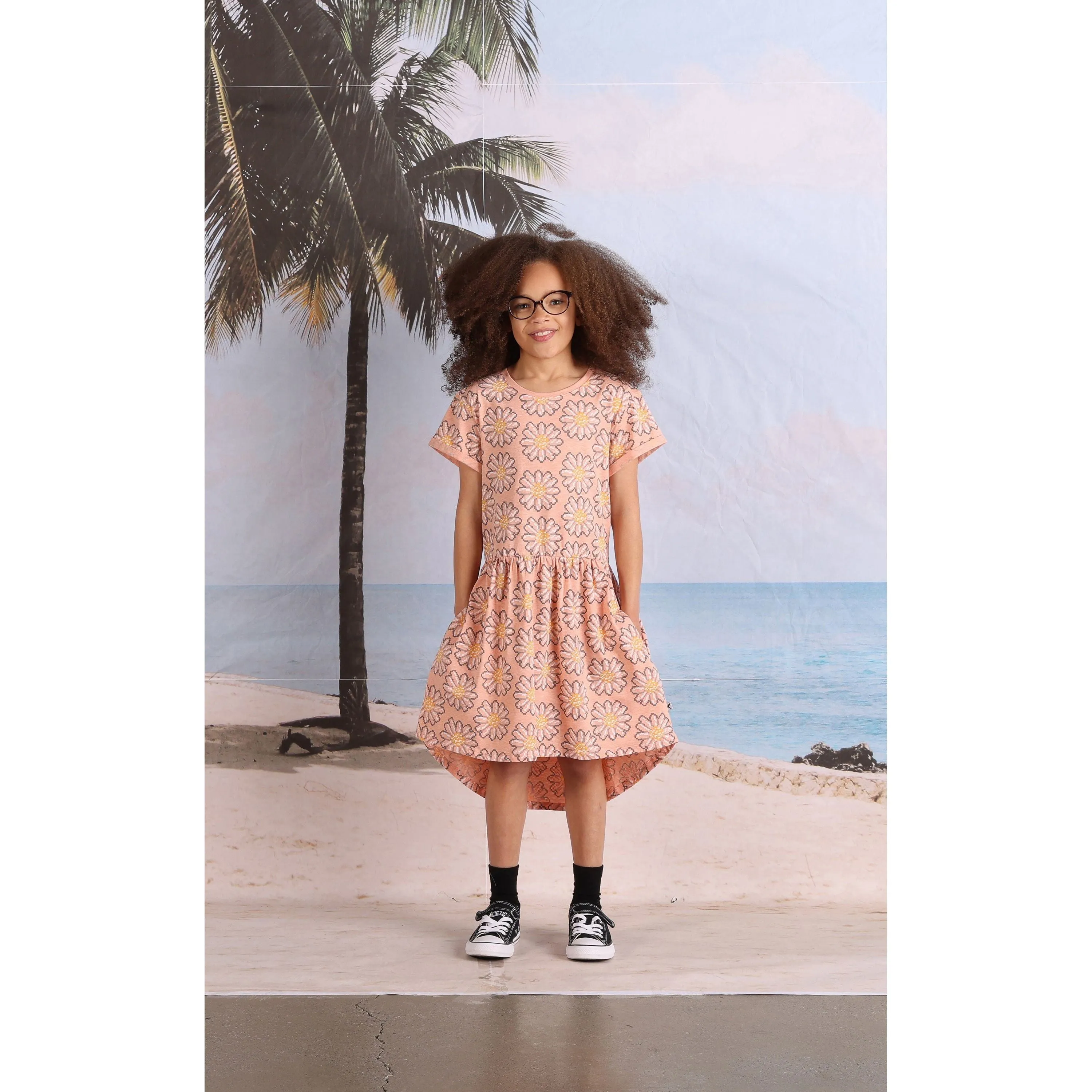 Pixelled Flower Dress- Apricot Marle