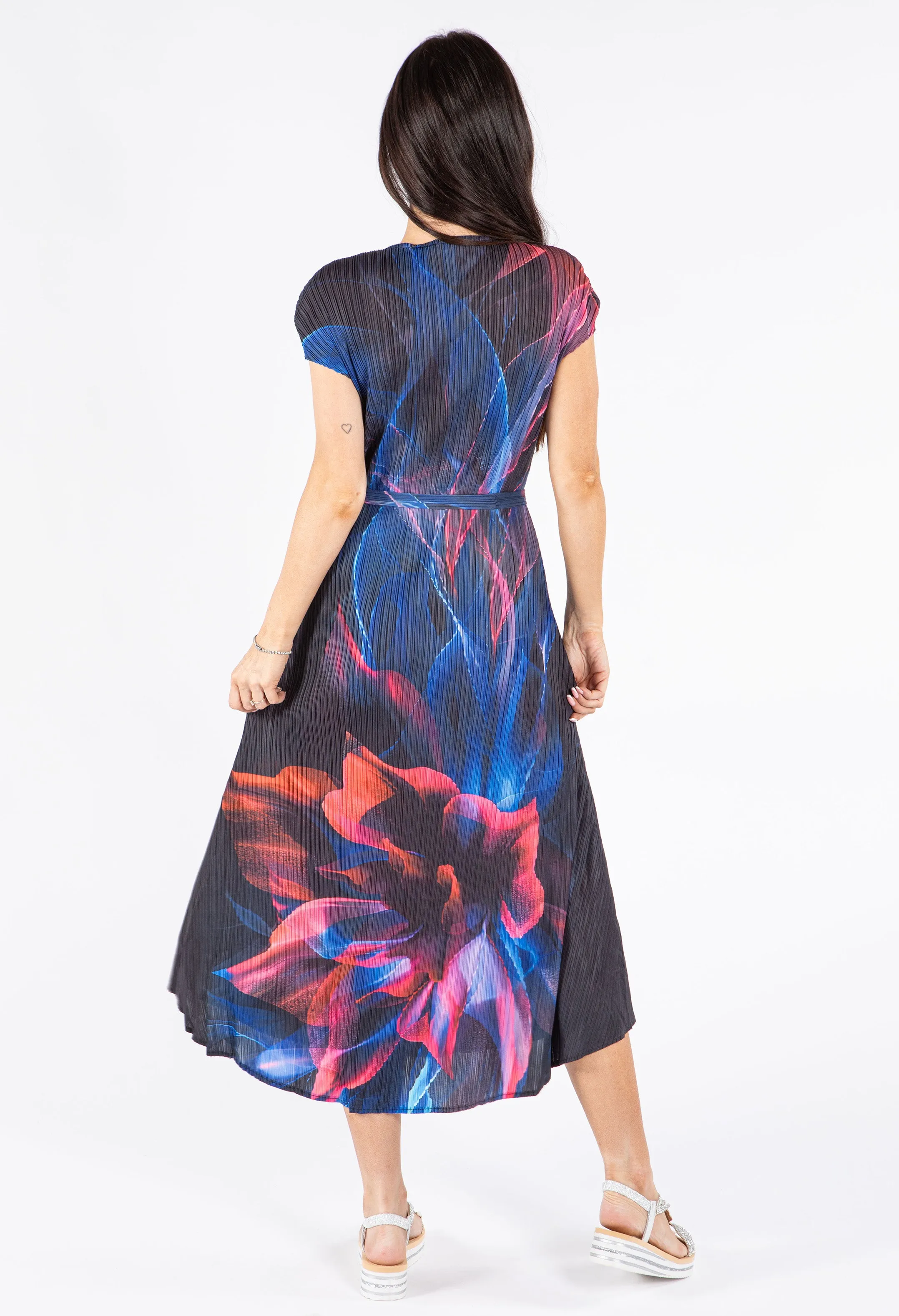 Pleated Abstract Print Midi Dress