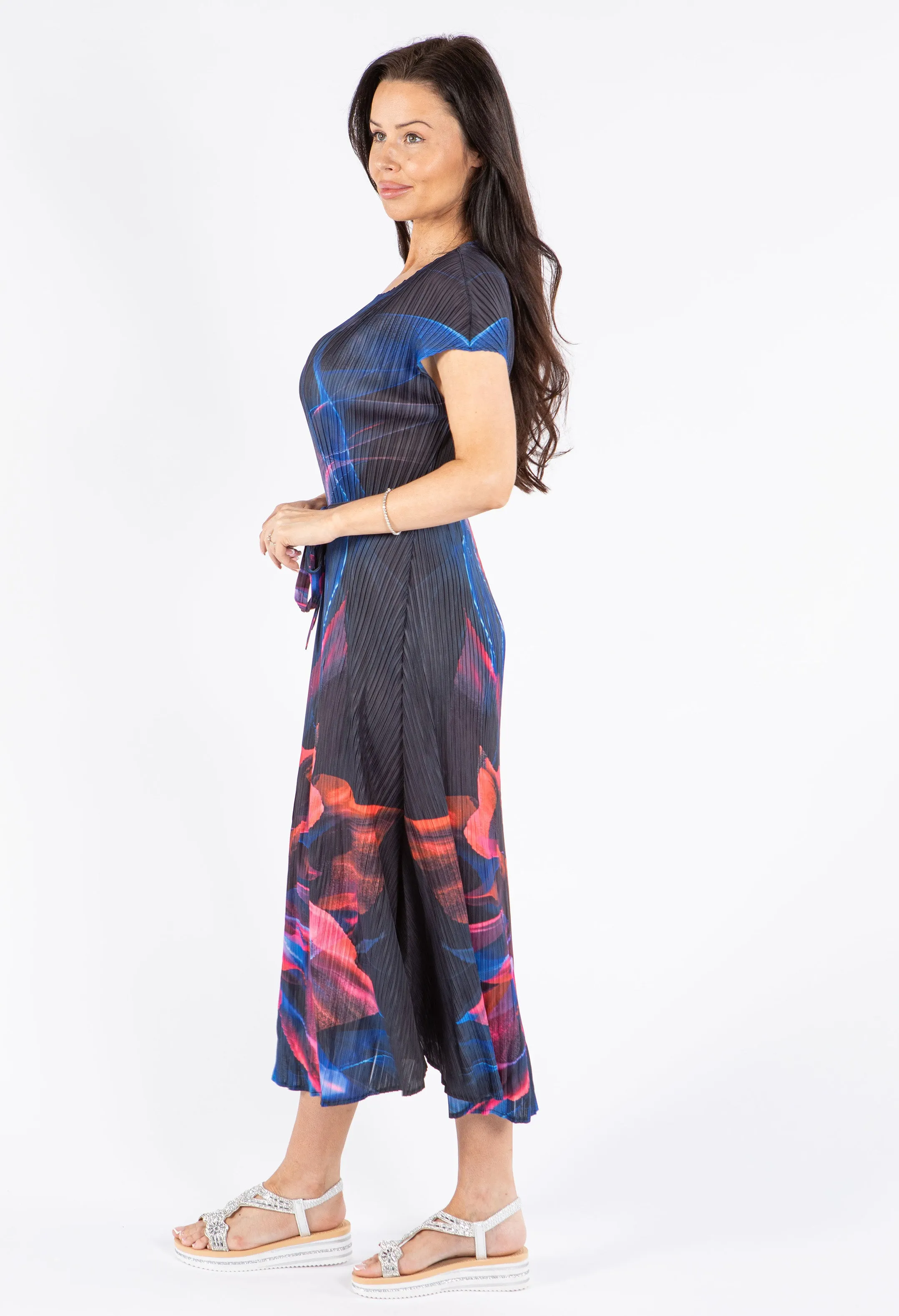 Pleated Abstract Print Midi Dress