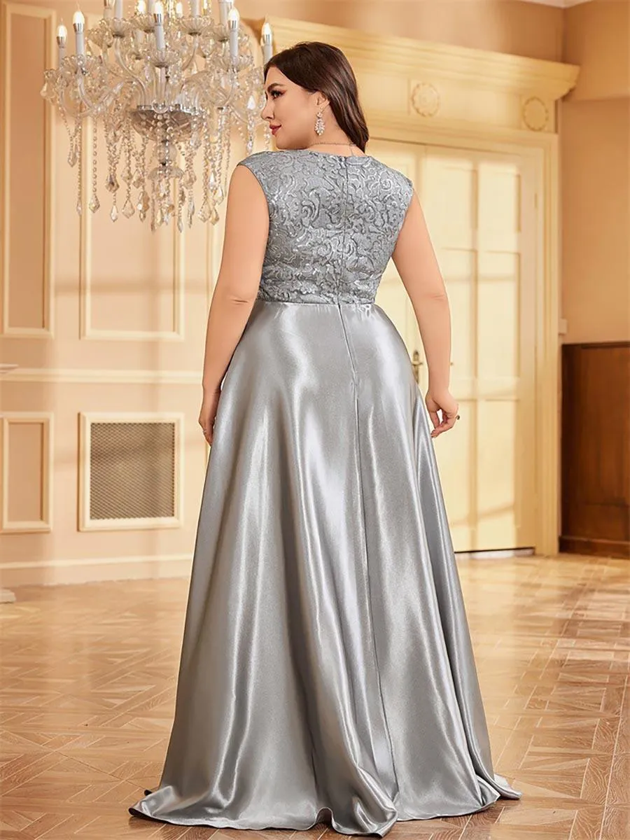 Plus Gray Panel V-neck A-line Prom Dress MCC1232
