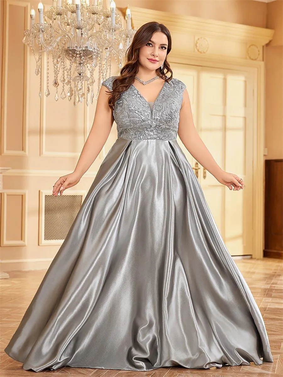 Plus Gray Panel V-neck A-line Prom Dress MCC1232