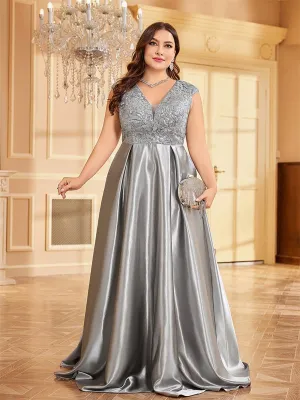 Plus Gray Panel V-neck A-line Prom Dress MCC1232