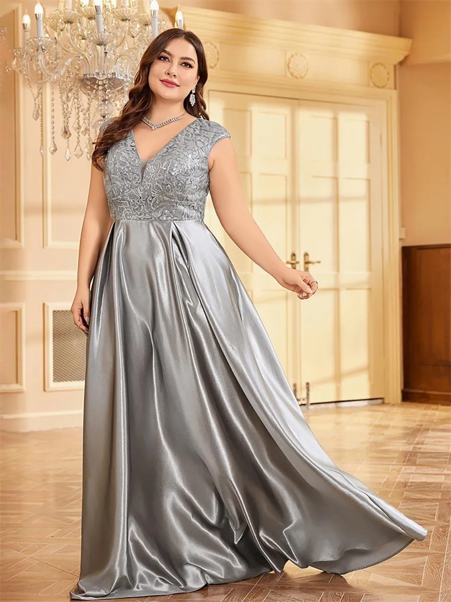 Plus Gray Panel V-neck A-line Prom Dress MCC1232