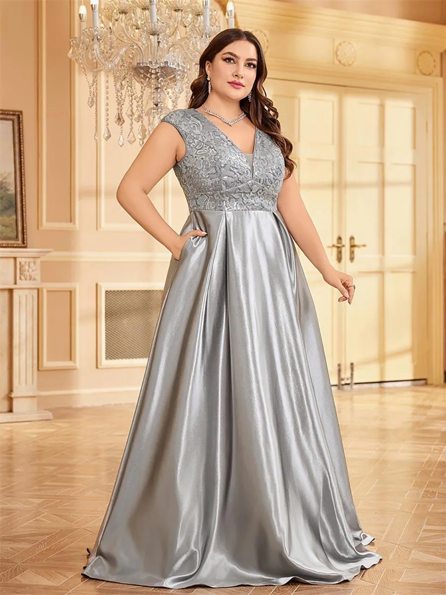 Plus Gray Panel V-neck A-line Prom Dress MCC1232
