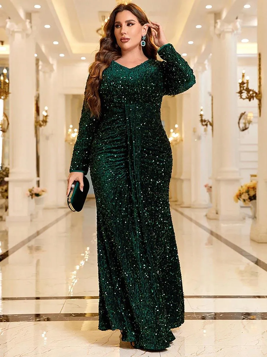 Plus Green Sequin Long Sleeve Prom Dress MCC1220