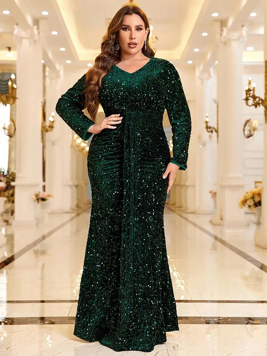 Plus Green Sequin Long Sleeve Prom Dress MCC1220