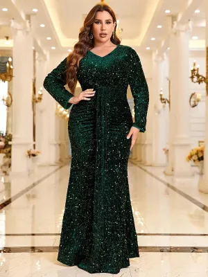Plus Green Sequin Long Sleeve Prom Dress MCC1220